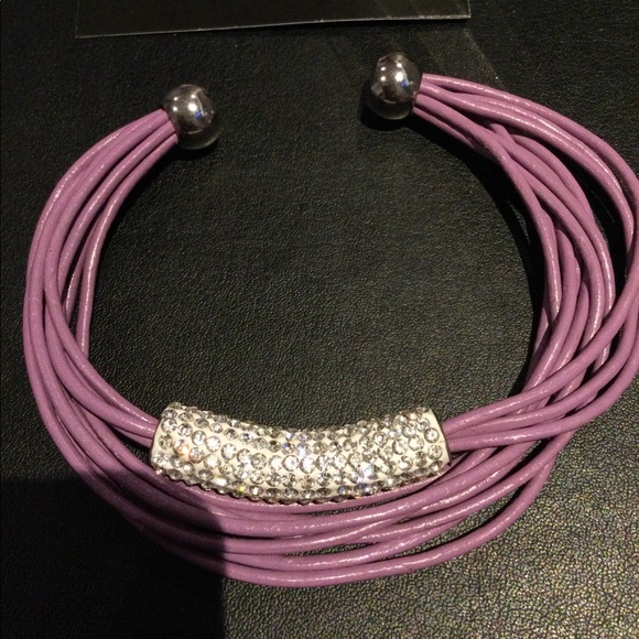 Lavender Leather Bracelet with Swarovski Crystals - Picture 2 of 4